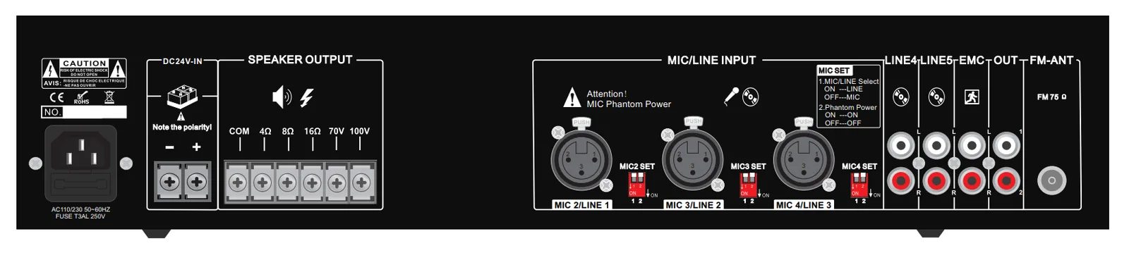 120W Mixer Amp with Mp3/FM/SD/Bluetooth,DAB, 3 Mic, 2 Aux, 70V/100V/4-16ohms, AC 230 &DC24V, 3 XLR Phantom power input , line input/MIC input Switchable, EMC input, ECHO function EC-120EB 3
