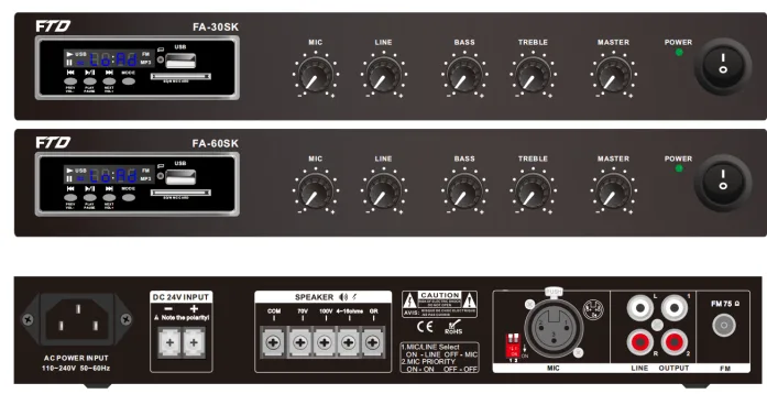 30W Compact Mixer Amplifier withMp3/FM/SD/Bluetooth , 1 Mic, 1 Aux, 70V/100V/4-16ohms, AC230, EC-30SK 3