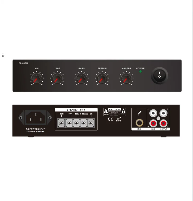 30W Compact Mixer Amplifier, 1 Mic, 1 Aux, 70V/100V/4-16ohms, AC230, 1U EC-30SM
