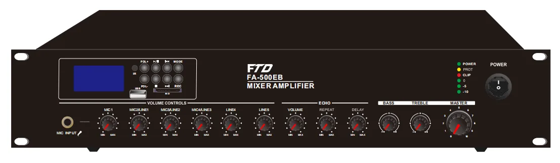 500W Mixer Amp with Mp3/FM/SD/Bluetooth,DAB, 3 Mic, 2 Aux, 70V/100V/4-16ohms, AC 230 &DC24V, 3 XLR Phantom power input , line input/MIC input Switchable, EMC input, ECHO function EC-500EB 2