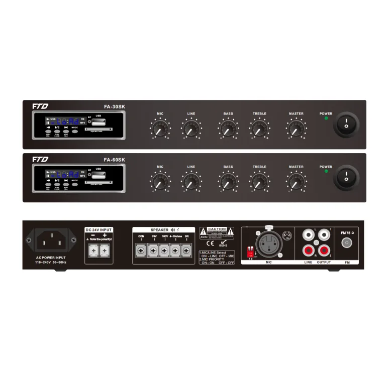 60W Compact Mixer Amplifier withMp3/FM/SD/Bluetooth , 1 Mic, 1 Aux, 70V/100V/4-16ohms, AC230, EC-60SK