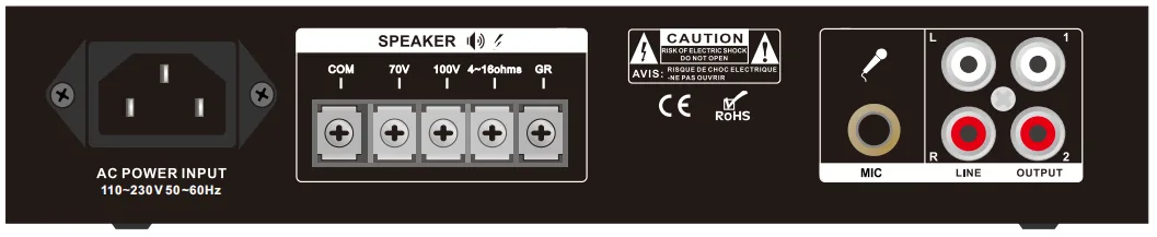 60W Compact Mixer Amplifier, 1 Mic, 1 Aux, 70V/100V/4-16ohms, AC230, 1U EC-EC-60SM 3